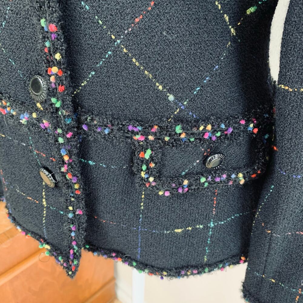 Vintage Rickie Freeman Size 8 Wool Tweed Blazer Jacket Black Colorful Fringe - Picture 5 of 13
